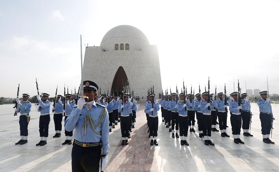 Members of the Pakistan Air Force change their positions at the mausoleum of Muhammad Ali Jinnah during the Defence Day ceremonies, or Pakistan's Memorial Day, to express solidarity with the people of Kashmir in Karachi. PHOTO: Reuters