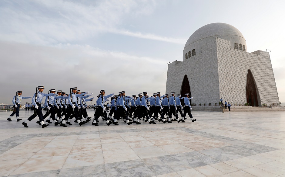 Members of the Pakistan Air Force change their positions at the mausoleum of Muhammad Ali Jinnah. PHOTO: Reuters