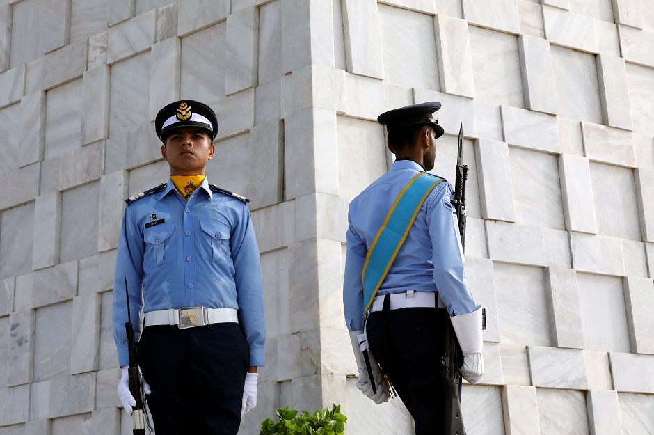 A member of the Pakistan Air Force stands guard at the mausoleum of Muhammad Ali Jinnah during Defence Day ceremonies. PHOTO: Reuters 