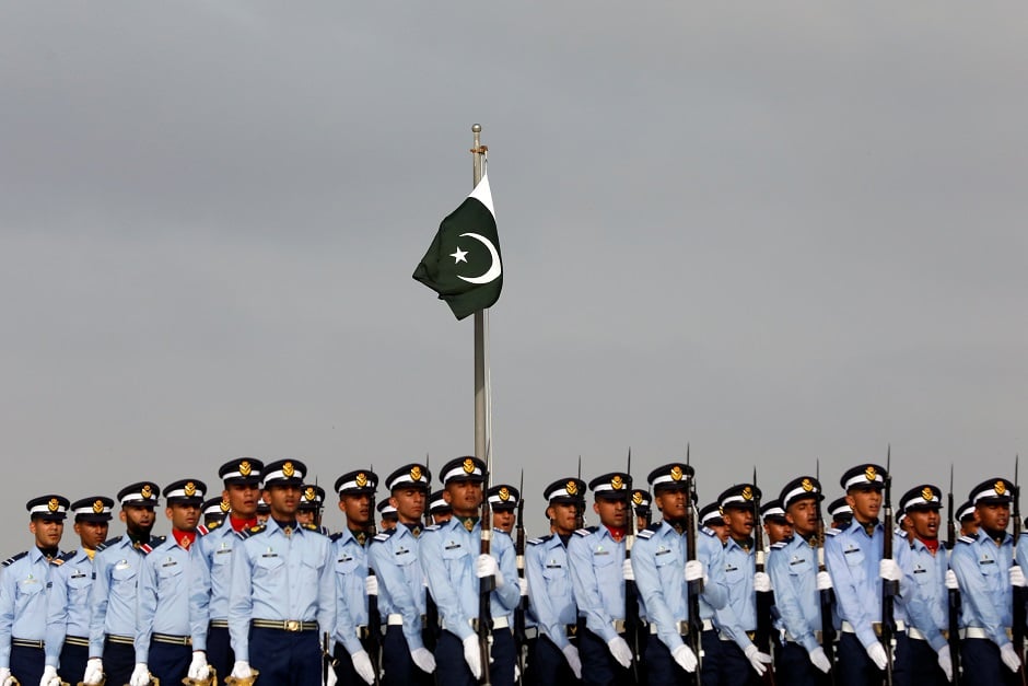 Members of the Pakistan Air Force march near the mausoleum of Muhammad Ali Jinnah during Defence Day ceremonies, or Pakistan's Memorial Day. PHOTO: Reuters 