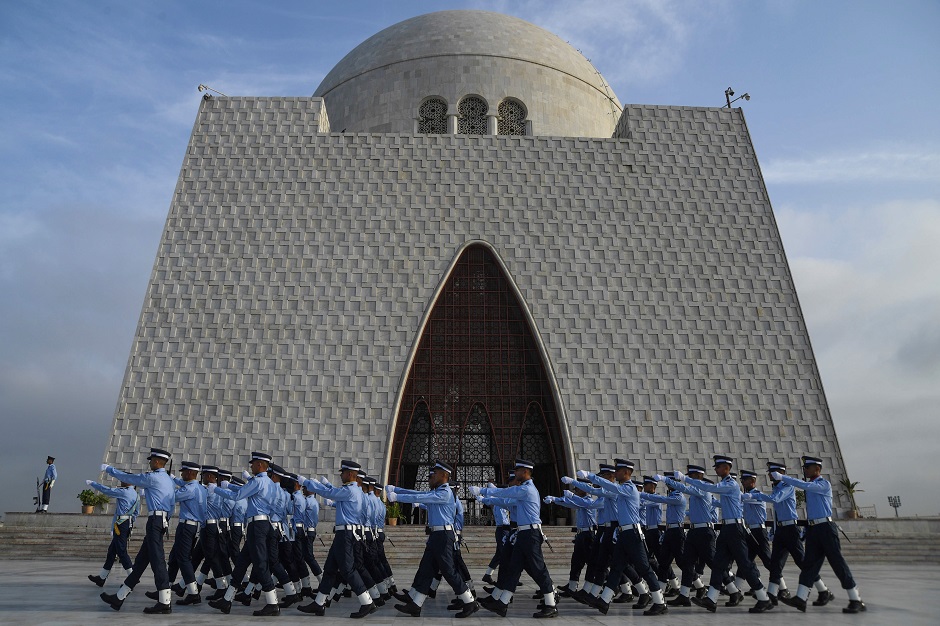  Air Force cadets march outside the mausoleum of Pakistan's founder Mohammad Ali Jinnah to celebrate Defence Day, which marks the anniversary of the country's second war with India between August and September 1965 with both sides claiming victory after it ended in a stalemate, in Karachi. PHOTO: Reuters 