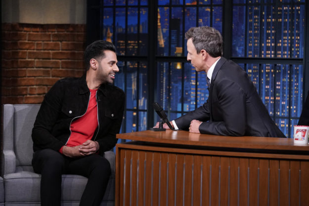 LATE NIGHT WITH SETH MEYERS -- Episode 887 -- Pictured: (l-r) Comedian Hasan Minhaj during an interview with host Seth Meyers on September 23, 2019 -- (Photo by: Lloyd Bishop/NBC)
