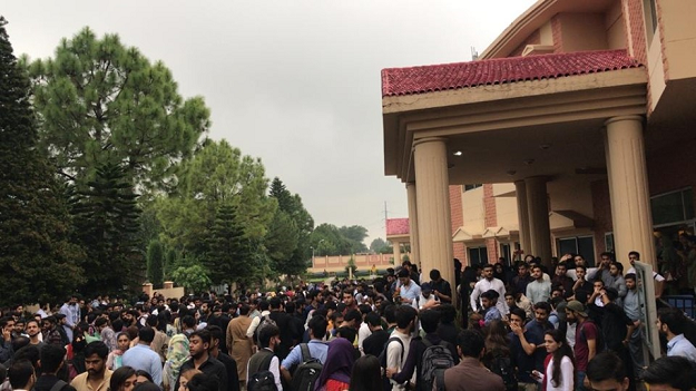Students of Bahria University Islamabad gathered today in front of university's main block to raise voice for Haleema Amin. PHOTO: FACEBOOK