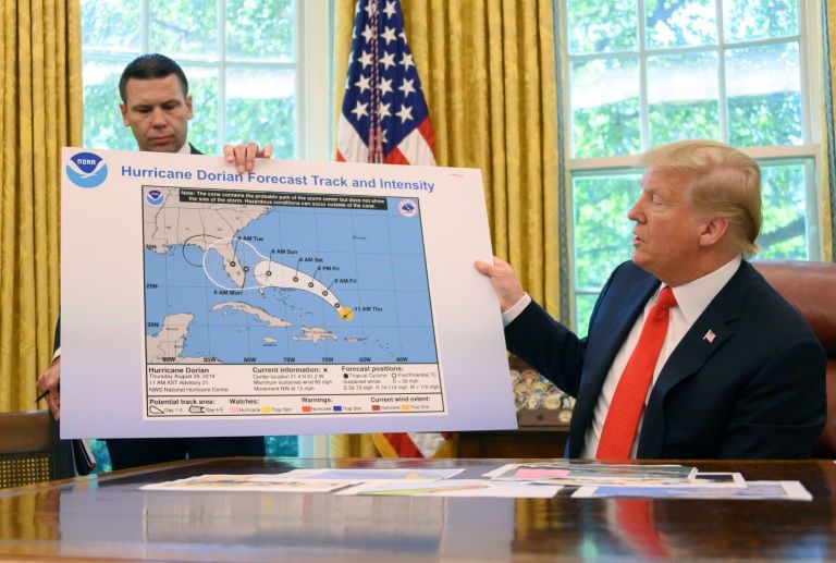 US President Donald Trump's map of the path of Hurricane Dorian extends the cone with what appears to be black marker to include the state of Alabama. PHOTO: AFP