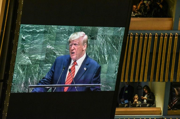 US President Donald Trump is shown on a monitor during his speech at the United Nations General Assembly. PHOTO: AFP