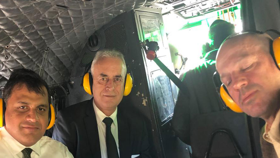 FO Spokesperson Dr Mohammad Faisal and some foreign diplomats in an army chopper en route to the LOC. PHOTO: EXPRESS 