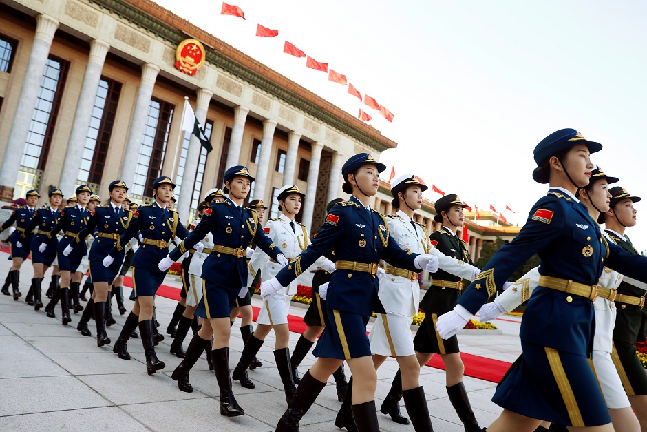 Honour guard members arrive before a welcome ceremony for Pakistan's Prime Minister Imran Khan outside the Great Hall of the People in Beijing, China. PHOTO: Reuters