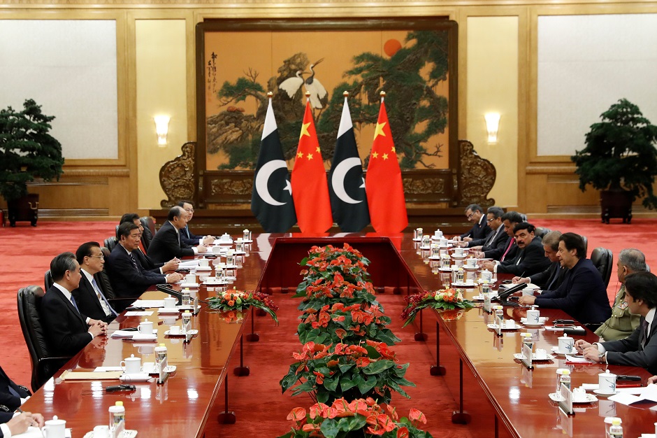 Pakistan's Prime Minister Imran Khan (3rd right) attends a meeting with Chinese Premier Li Keqiang (2nd left) at the Great Hall of the People in Beijing, China. PHOTO: Reuters