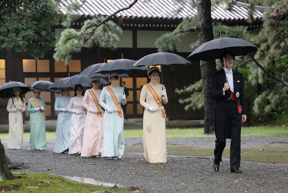 Japan's Princess Kiko and other members of the royal family arrive at the ceremony site where Emperor Naruhito will report the conduct of the enthronement ceremony. PHOTO: Reuters