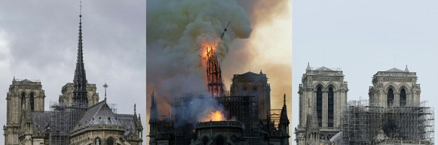 A view of Notre-Dame cathedral's steeple and spire before, during and after the blaze (Photo: AFP)