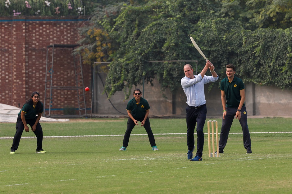 Prince William plays a shot during his visit at the National Cricket Academy. (Photo: Reuters)