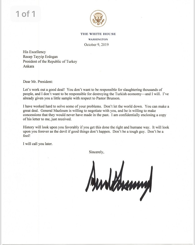 US President Donald Trump's letter to Turkish President Recep Tayyip Erdogan. PHOTO: AFP