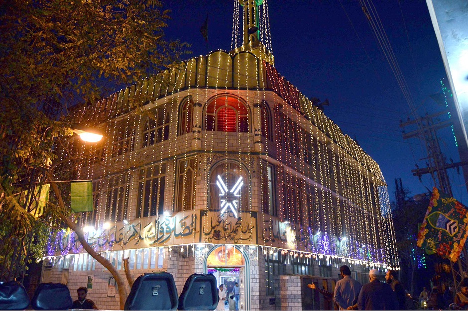 A beautiful illuminated view of a mosque building decorated with lights in connection of 12th Rabi-ul-Awwal in Quetta. PHOTO: PPI