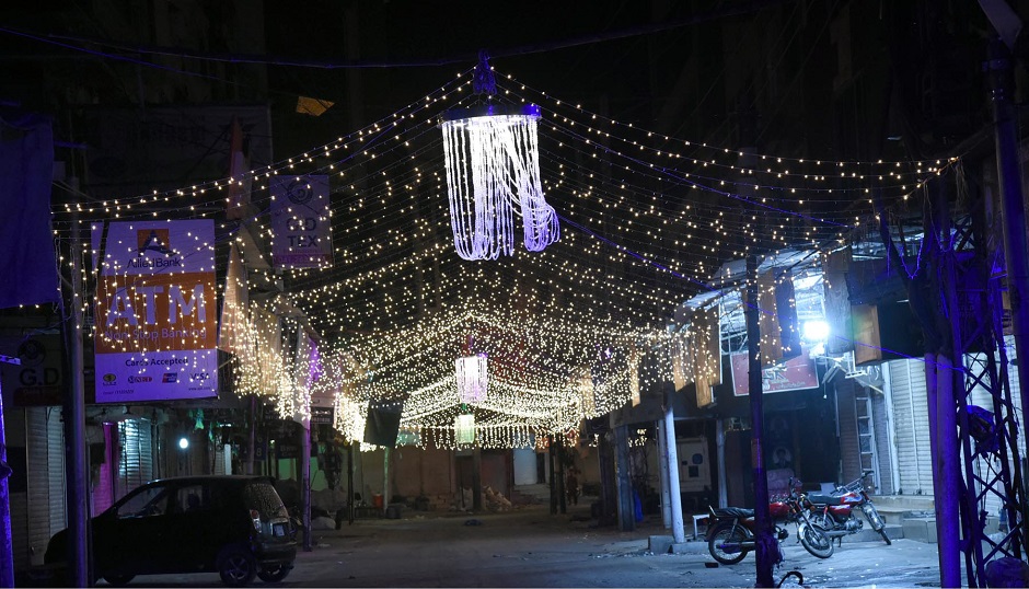 Goal Cloth Market is illuminated with colourful lights on the evening of Eid-Miladun Nabi (PBUH) celebration. PHOTO: ONLINE