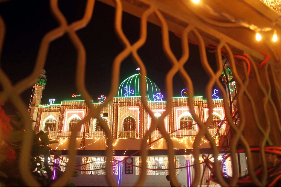 An illuminated view of Maryam Masjid at Memon Society which is decorated with colourful lights on the eve of 11th Rabi-ul-Awwal in Hyderabad. PHOTO: ONLINE