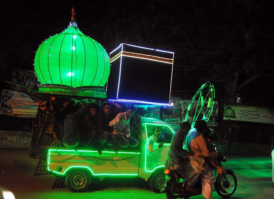 A beautiful illuminated view of vehicle decorated with lights in connection of 12th Rabi-ul-Awwal, the birthday anniversary of Holy Prophet Muhammad (PBUH), in Hyderabad on Saturday. PHOTO: PPI