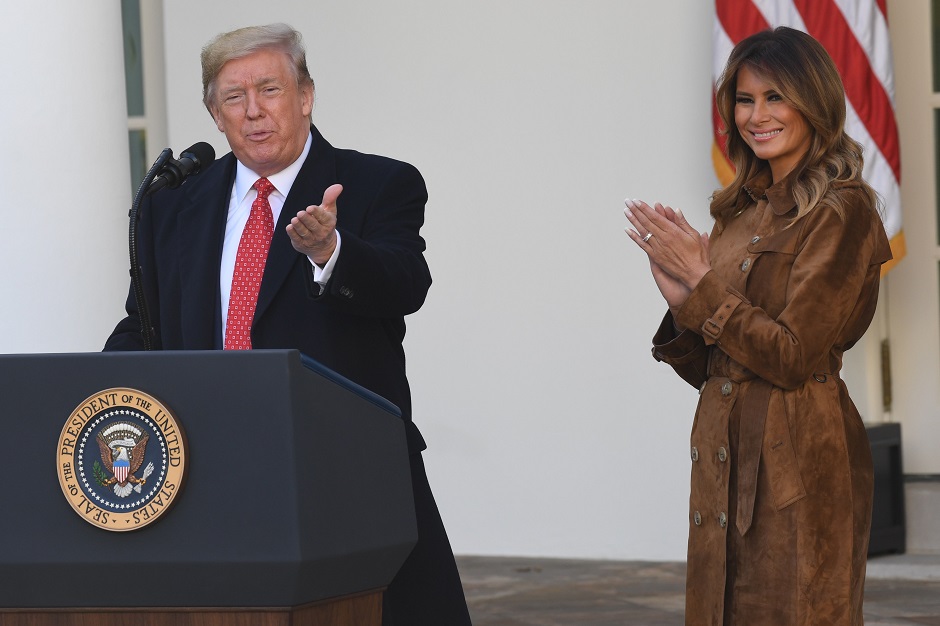 US President Donald Trump speaks before he pardons the National Thanksgiving Turkey next to First Lady Melania Trump during a ceremony in the Rose Garden of the White House. PHOTO: REUTERS