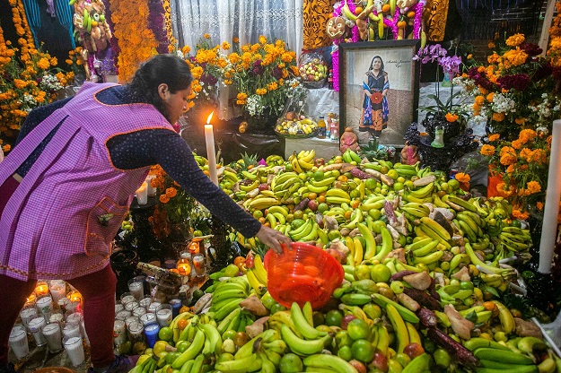 A woman places fruit as an offering for the celebration of the Day of the Dead, in Santa Fe de la Laguna village, Quiroga municipality, Michoacan state (Photo: AFP)