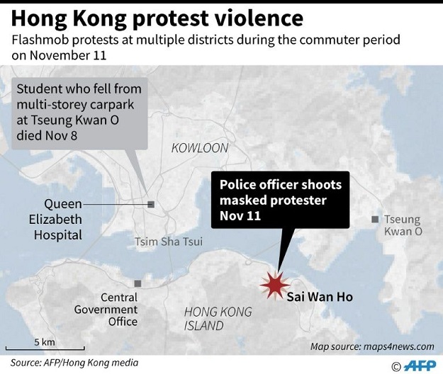 Map of Hong Kong showing the latest violence as of November 11. PHOTO: AFP