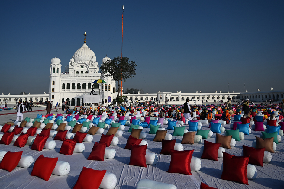 Sitting places with pillows are set out for Sikh pilgrims to attend a ceremomy for the inauguration of the Shrine of Baba Guru Nanak Dev at Gurdwara Darbar Sahib in Kartarpur, on November 9, 2019. PHOTO: AFP