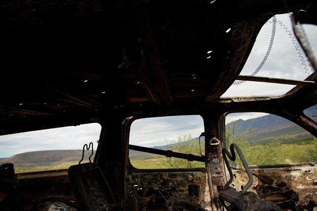 The interior of the burnt wreckage of a vehicle, belonging to slain members of a Mexican-American Mormon family. PHOTO: Reuters