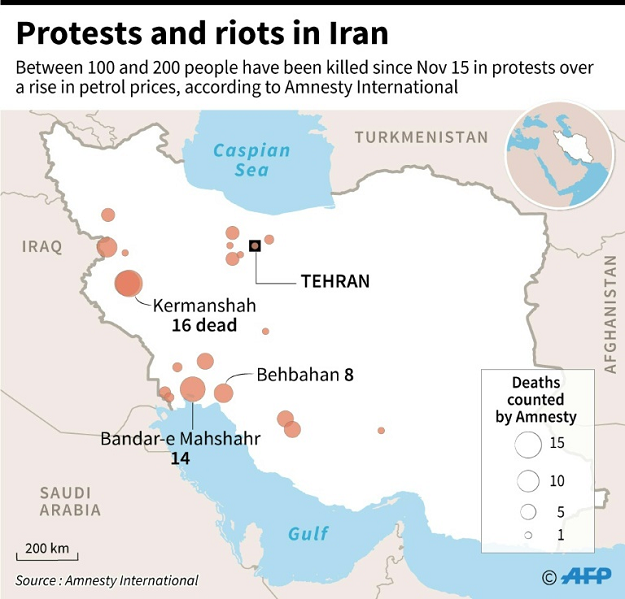 Map of Iran locating places that have been hit by demonstrations. PHOTO: AFP