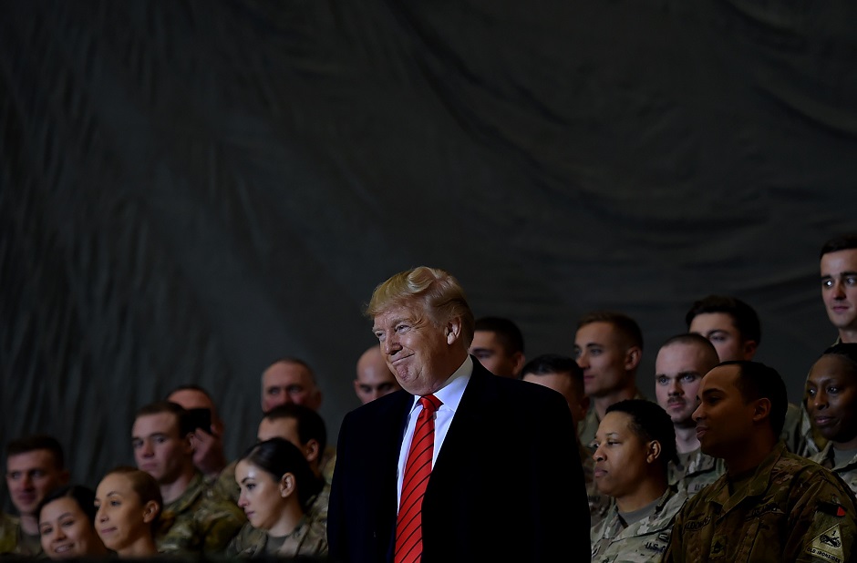 US President Donald Trump speaks to the troops during a surprise Thanksgiving day visit at Bagram Air Field. PHOTO: AFP