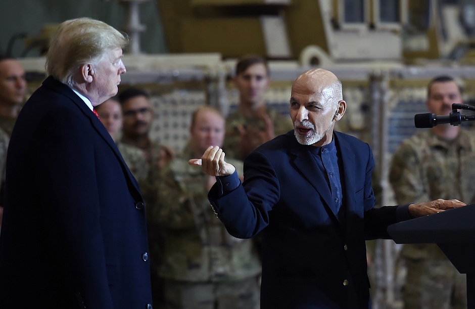 Afghan's President Ashraf Ghani addresses US troops during a surprise Thanksgiving day visit of US President Donald Trump. PHOTO: AFP