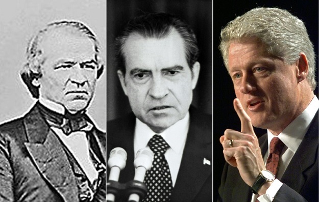 Three past US presidents who faced impeachment: Andrew Johnson (L) in 1868 and Bill Clinton (R) in 1974, who both survived trial by the Senate, and Richard Nixon in 1974, who resigned before he was formally impeached.PHOTO: AFP