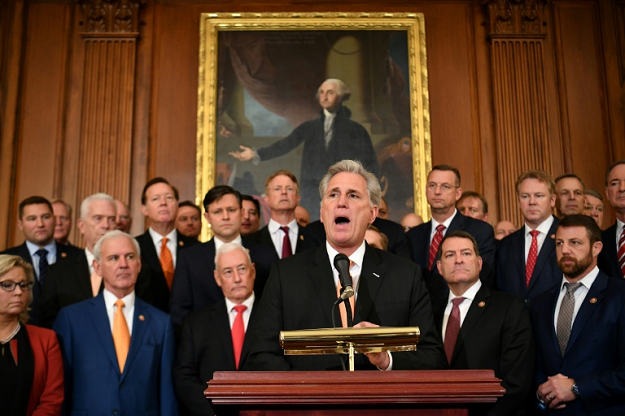 US Republican lawmkers, including House Minority Leader Kevin McCarthy (C), are bitterly opposed to the impeachment investigation against President Donald Trump. PHOTO: AFP