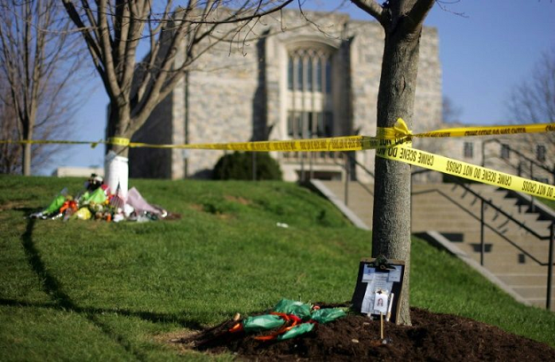 Memorials for the 32 victims of the 2007 Virginia Tech shooting are pictured in front of Norris Hall on the school's Blacksburg, Virginia campus in April 2007. PHOTO: AFP