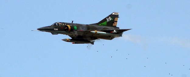Mirage aircraft performing strafing run Fire Power Demo-2019 at PAF Sonmiani Fire Range. PHOTO: PAF 