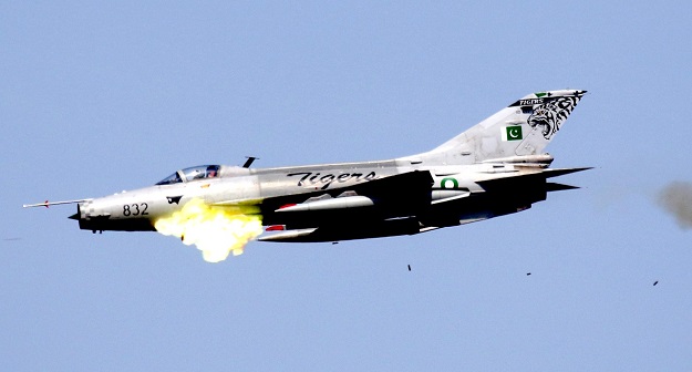 F-7PG aircraft performing strafing run during Fire Power Demo. PHOTO: PAF
