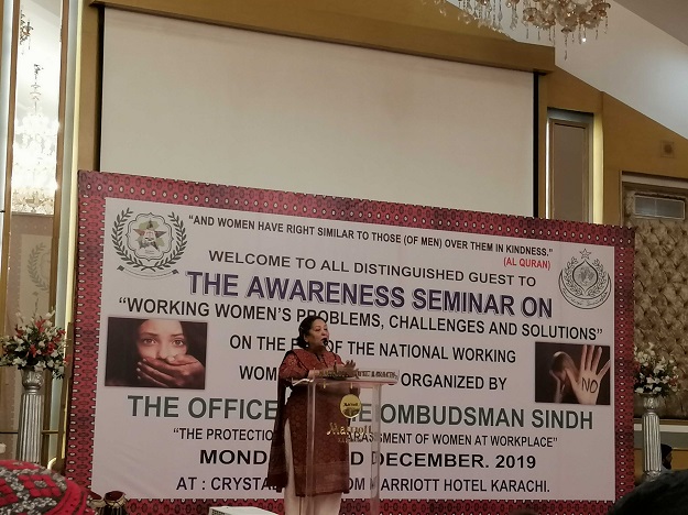 Director Sindh Commission on the Status of Women, Nuzhat Shirin, speaking at the event.
