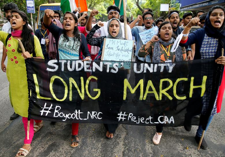 Students shout slogans during a protest march against a new citizenship law, in Kochi. PHOTO: Reuters