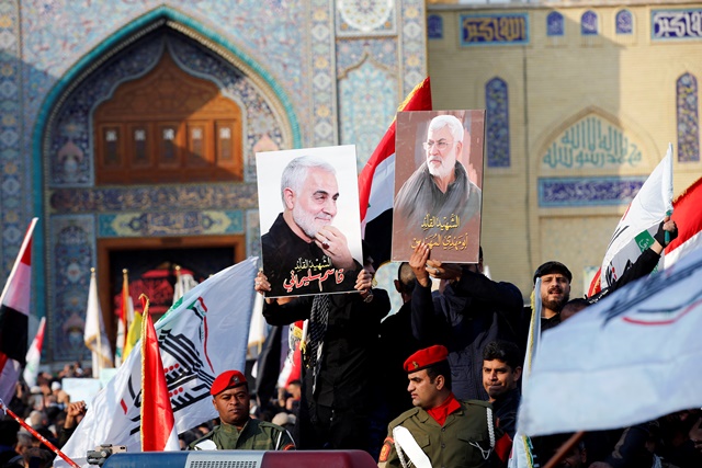 Mourners attend the funeral of the Iranian Major-General Qassem Soleimani, top commander of the elite Quds Force of the Revolutionary Guards, and the Iraqi militia commander Abu Mahdi al-Muhandis, who were killed in an air strike at Baghdad airport, in Baghdad, Iraq. PHOTO: REUTERS