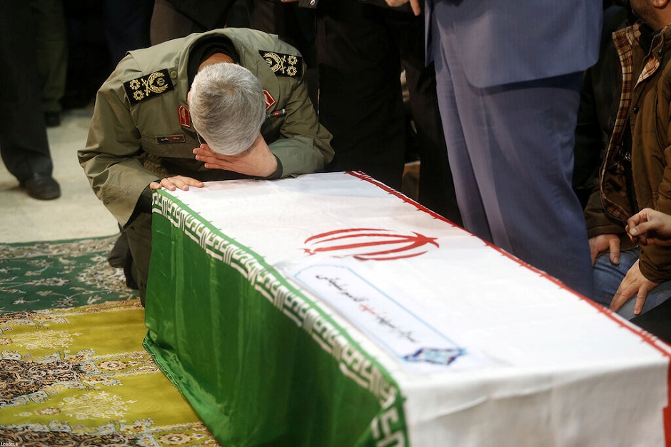 Brigadier General Esmail Ghaani, the newly appointed commander of the country's Quds Force, reacts during the funeral prayer of the coffins of Iranian Major-General Qassem Soleimani, head of the elite Quds Force, and Iraqi militia commander Abu Mahdi al-Muhandis, who were killed in an air strike at Baghdad airport, in Tehran, Iran January 6, 2020. PHOTO: REUTERS