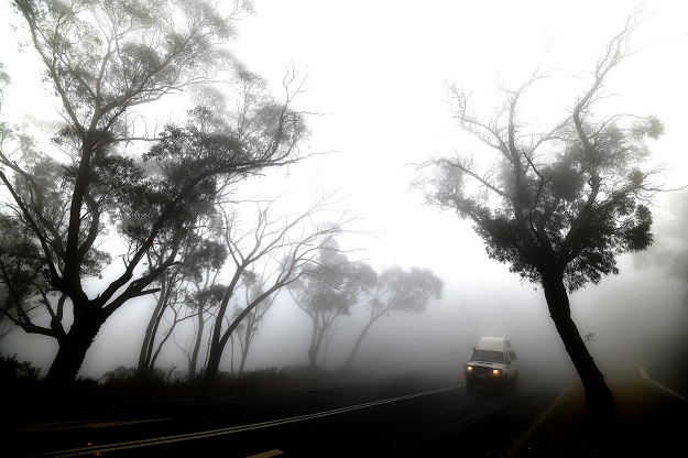 A car makes its way through thick fog mixed with bushfire smoke in the Ruined Castle area of the Blue Mountains, some 75 kilometres from Sydney. PHOTO: AFP