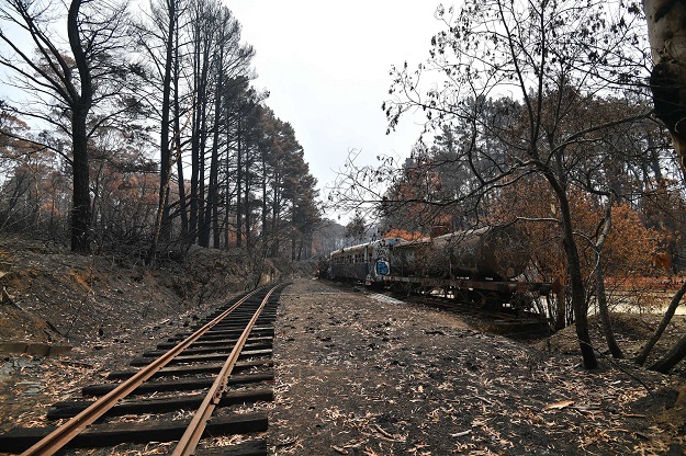 A burnt railway track is seen at the Clarence station in Lithgow, in Australia's New South Wales. PHOTO: AFP