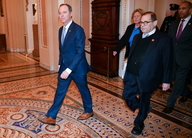 (L-R) Adam Schiff, the leader of the House impeachment managers, or prosecution, in the trial of President Donald Trump; and House impeachment manager Jerry Nadler. PHOTO: AFP