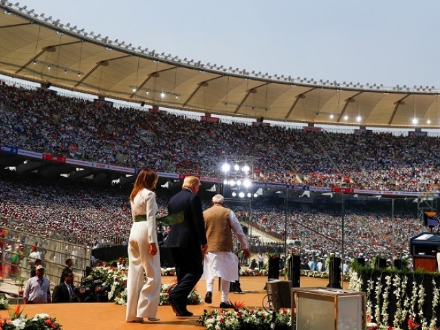U.S. President Donald Trump, first lady Melania Trum and Indian Prime Minister Narendra Modi attend a "Namaste Trump" event during Trump's visit to India, at Sardar Patel Gujarat Stadium, in Ahmedabad, India, February 24, 2020. PHOTO: REUTERS
