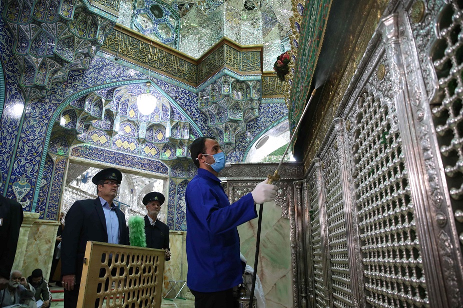 Iranian workers disinfect Qom's Masumeh shrine on February 25, 2020 to prevent the spread of the coronavirus which reached Iran, where there were concerns the situation might be worse than officially acknowledged. - The deaths from the disease -- officially known as COVID-19 -- in the Islamic republic were the first in the Middle East and the country's toll with so far a dozen people officially reported dead, is now the highest outside mainland China, the epidemic's epicentre. PHOTO: AFP