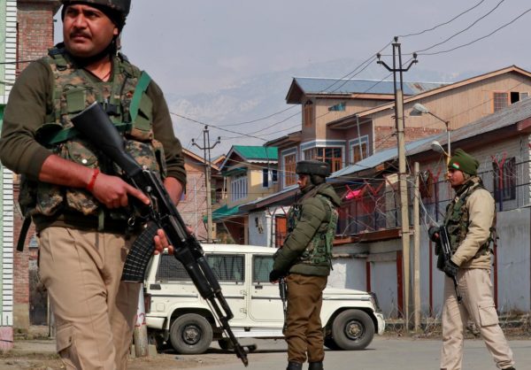 Indian security forces stand guard at the site of a grenade explosion in Srinagar February 6, 2020. PHOTO: REUTERS