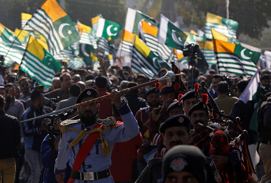 Members of a Police band lead a march to mark Kashmir Solidarity Day at the mausoleum of the Mohammad Ali Jinnah, in Karachi. PHOTO: Reuters