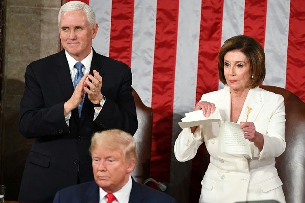 Speaker of the US House of Representatives Nancy Pelosi ripped up President Donald Trump's speech. PHOTO: AFP