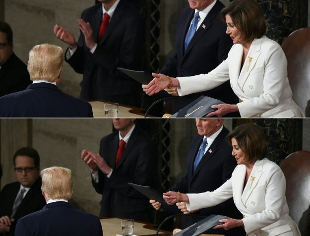 Speaker of the US House of Representatives Nancy Pelosi tried to shake hands with President Donald Trump but he turned away. PHOTO: AFP