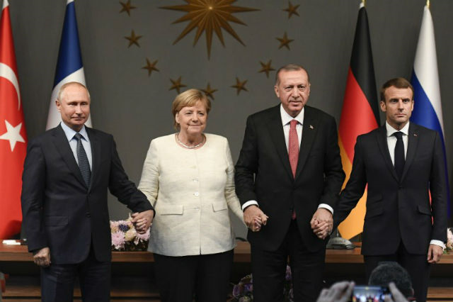 russia 039 s vladimir putin german 039 s angela merkel turkey 039 s recep erdogan and france 039 s emmanuel macron at the end of the syria summit photo afp