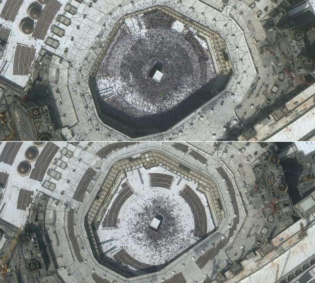 This combination of pictures created on March 5, 2020 using handout images released on March 5, 2020 by Maxar Technologies shows a crowd at Mecca's Grand Mosque and the Kaaba on February 14, 2020 (top) and a much smaller group of visitors on March 3, 2020, a day before fears over the novel coronavirus led to the the suspension of the 
