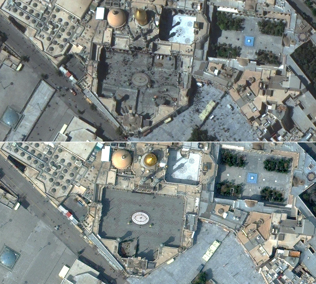 This combination of pictures created on March 5, 2020 using handout satellite images released on March 5, 2020 by Maxar Technologies shows people in the courtyard of Hazrat Masumeh Shrine in Qom, Iran on September 25, 2019 (top) and a nearly empty courtyard on March 1, 2020, during the coronavirus outbreak. PHOTO: AFP