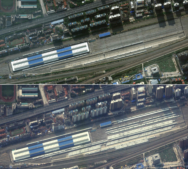 This combination of pictures created on March 5, 2020 using handout images released on March 5, 2020 by Maxar Technologies shows Wuhan Dongdamen Train Station in Wuhan, China, on October 17, 2019 (top) and on February 25, 2020, with trains parked in the station, during the novel coronavirus outbreak. PHOTO: AFP